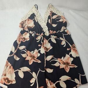 LOVE TREE Sz L Navy Floral Romper Crotchet Trim X Open Back Shorts V Low Cut